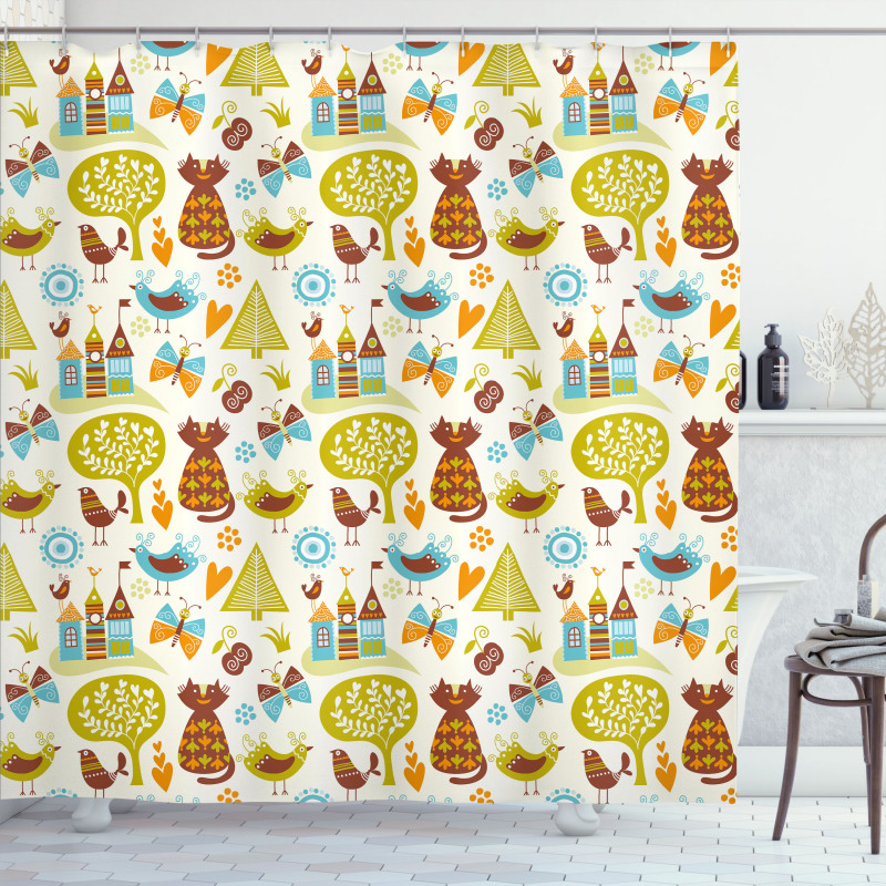 Cats Birds Butterfly Shower Curtain