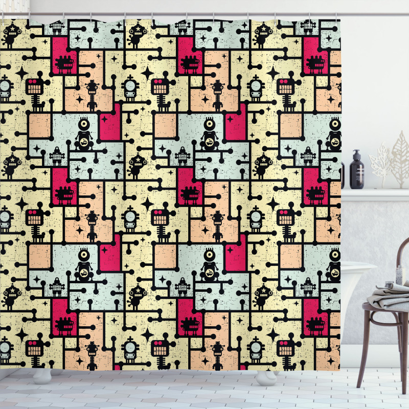 Robots on Grid Squares Shower Curtain