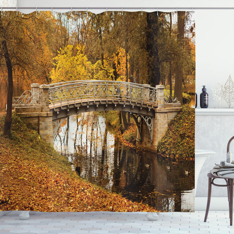 Old Bridge in Fall Forest Shower Curtain