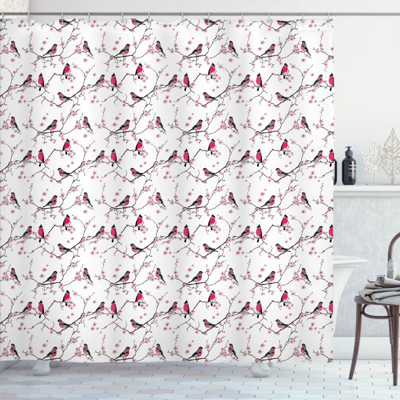 Bullfinch Birds Sakura Shower Curtain