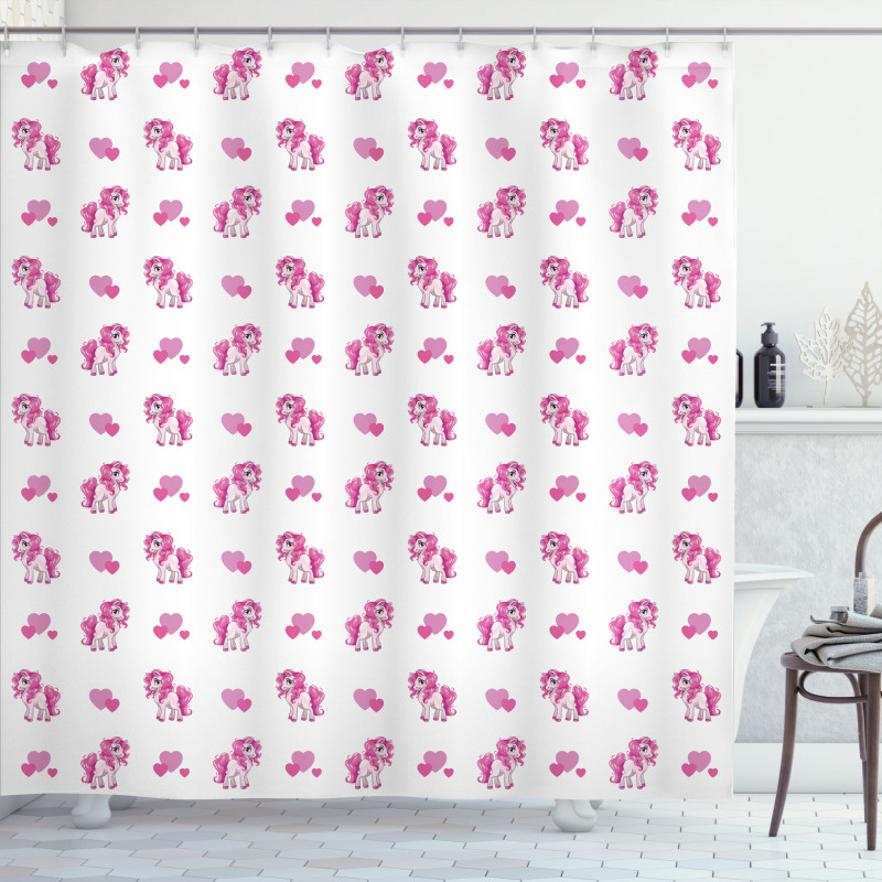 Pink Hearts Girls Pony Shower Curtain