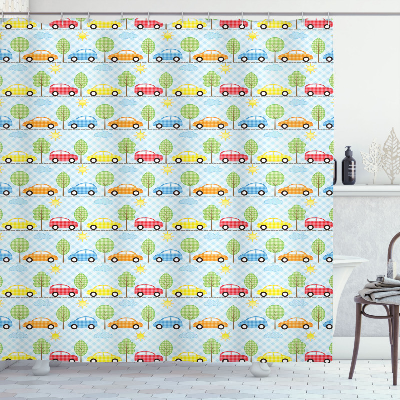 Checkered Cars with Trees Shower Curtain