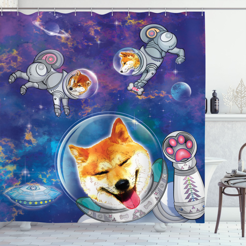 Astronaut Shibas in Space Shower Curtain