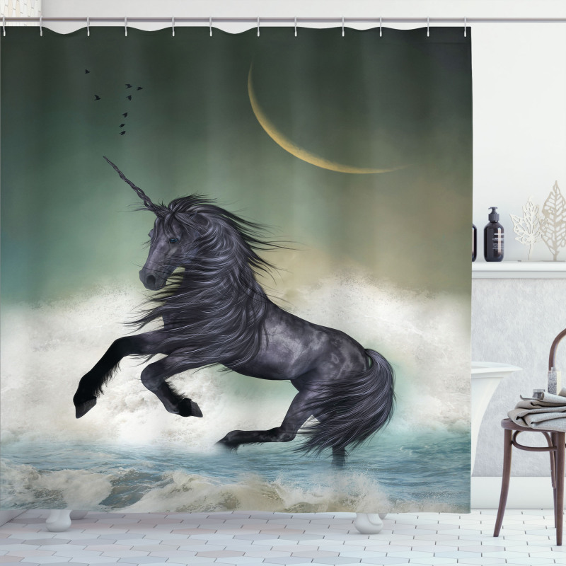 Black Unicorn in Ocean Shower Curtain
