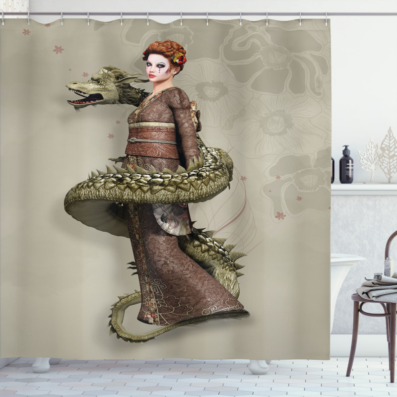 Geisha with Huge Dragon Shower Curtain