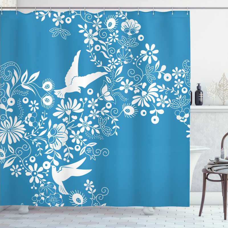 Flowers Flying Doves Asian Shower Curtain