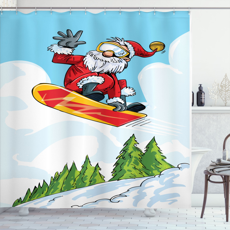 Jump on Snowboard Pines Shower Curtain