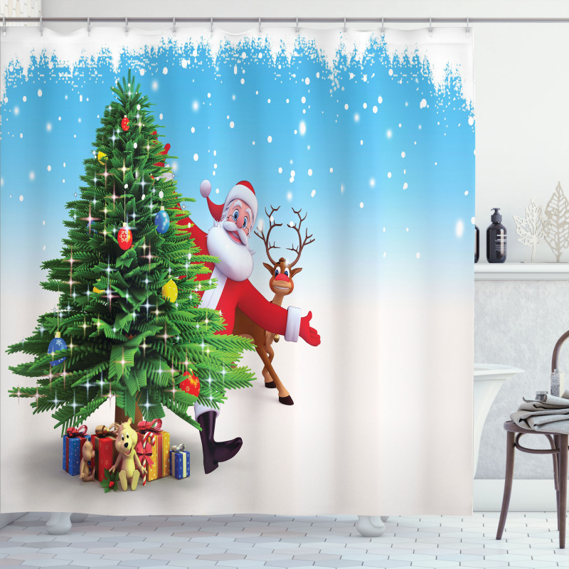 Xmas Reindeer Presents Shower Curtain
