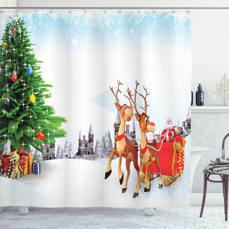 Snowy Village Sleigh Tree Shower Curtain