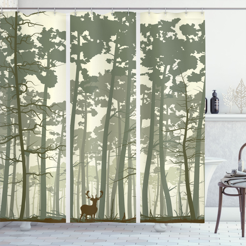 Pine Trees Deer Motif Shower Curtain