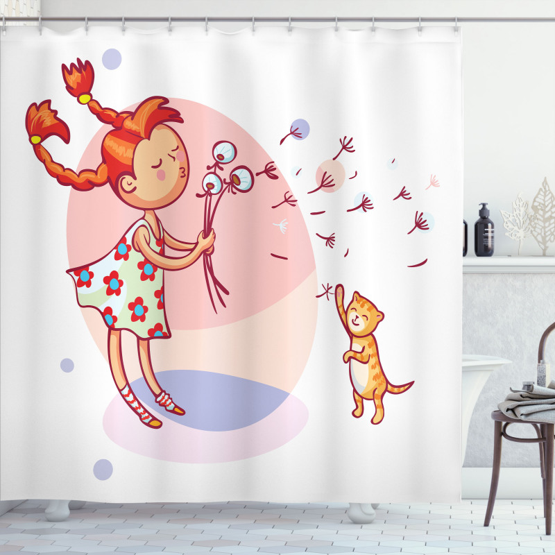 Cartoon Girl and Cat Shower Curtain