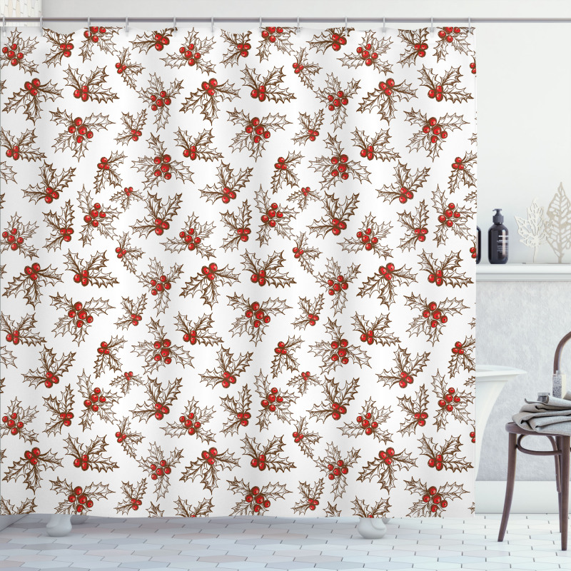Holly Berries Leaves Shower Curtain