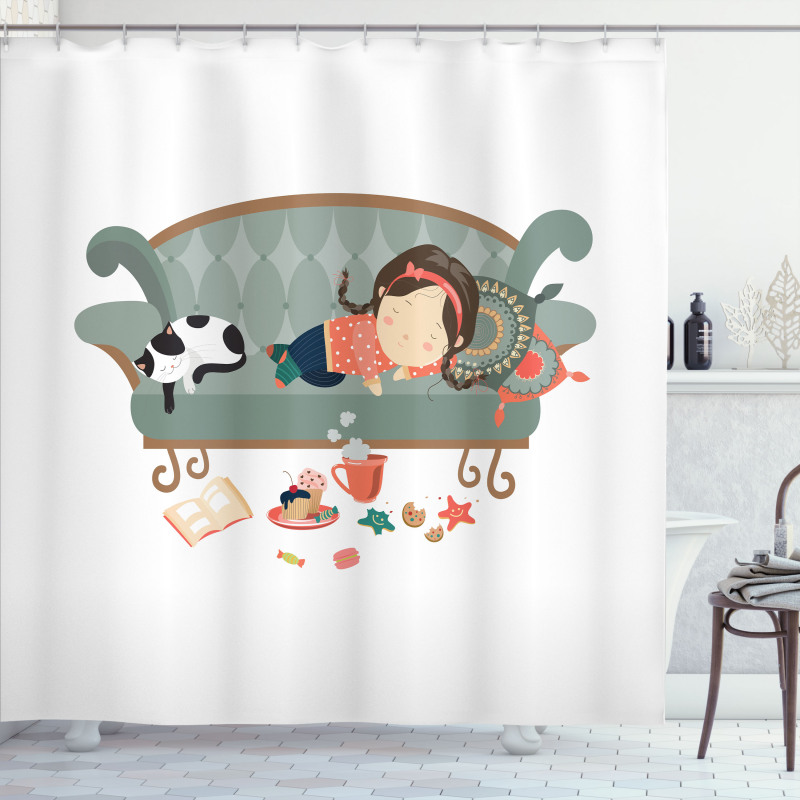 Sleeping Girl with Cat Shower Curtain