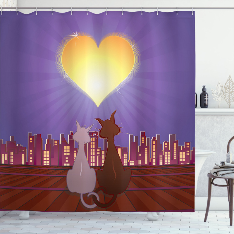 Cat Couple Heart Moon Shower Curtain