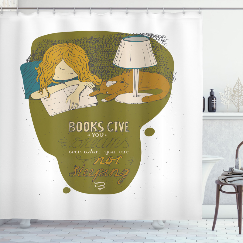 Girl and Cat Sleep on Book Shower Curtain