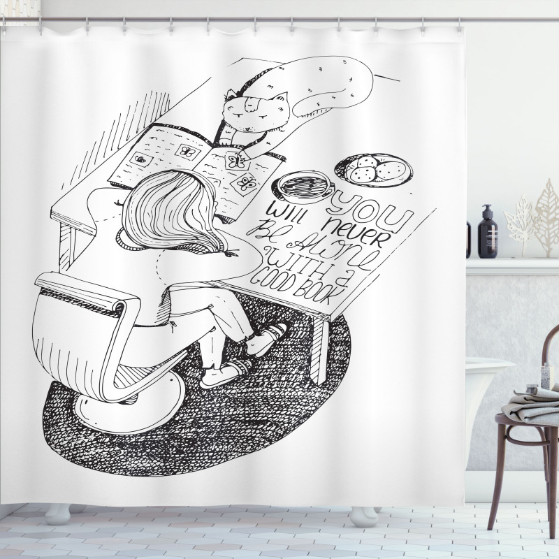 Girl and Cat Read on Desk Shower Curtain