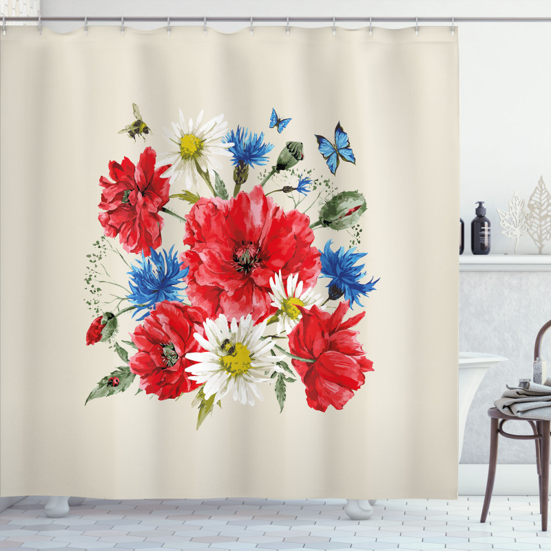 Vintage Poppies Daisy Shower Curtain