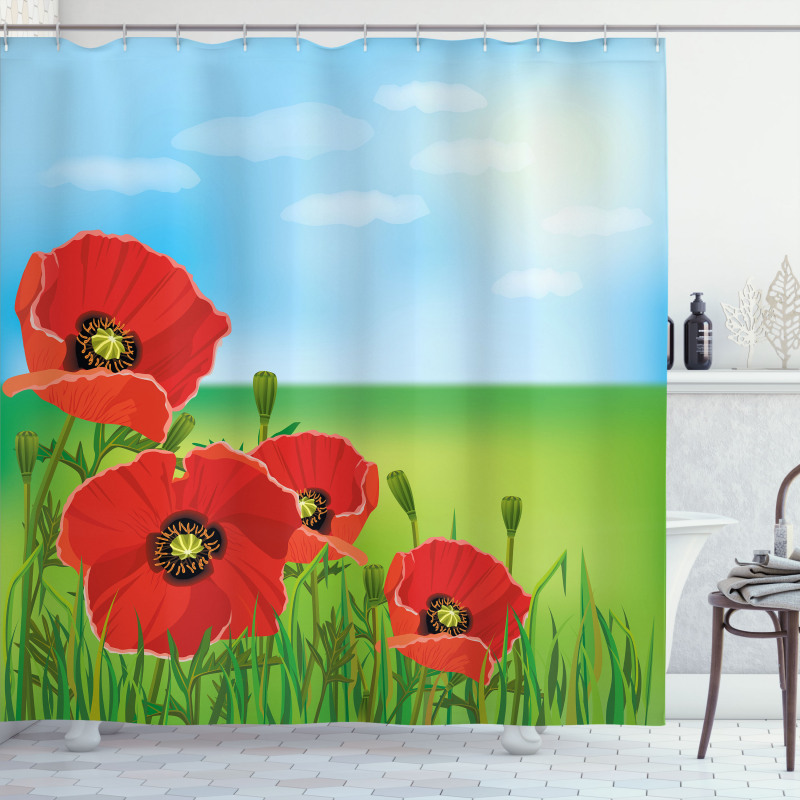 Sunny Day Red Blossoms Shower Curtain