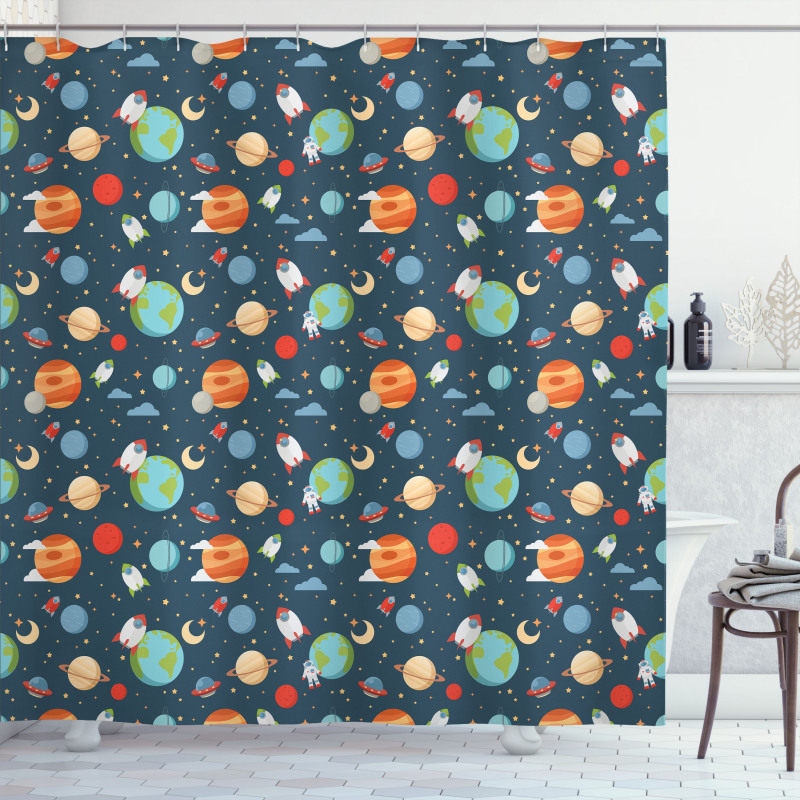 Cartoon Planets in Space Shower Curtain