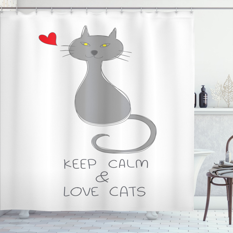 Grey Cat Red Heart Shower Curtain