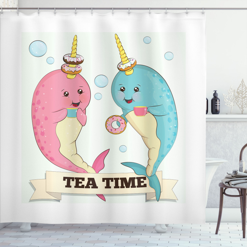 Tea Drinking Whales Shower Curtain
