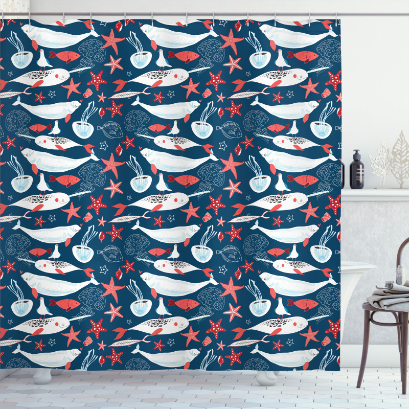 School of Fish Narwhal Shower Curtain