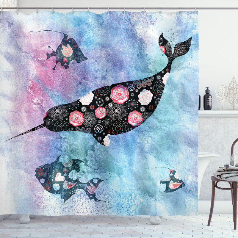 Floral Whale and Fish Shower Curtain