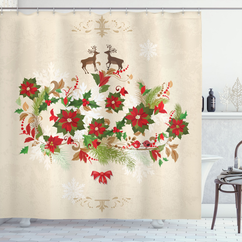 Flower Reindeer Motif Shower Curtain
