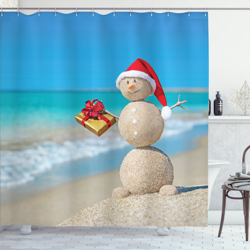 Sand Snowman Santa Hat Shower Curtain
