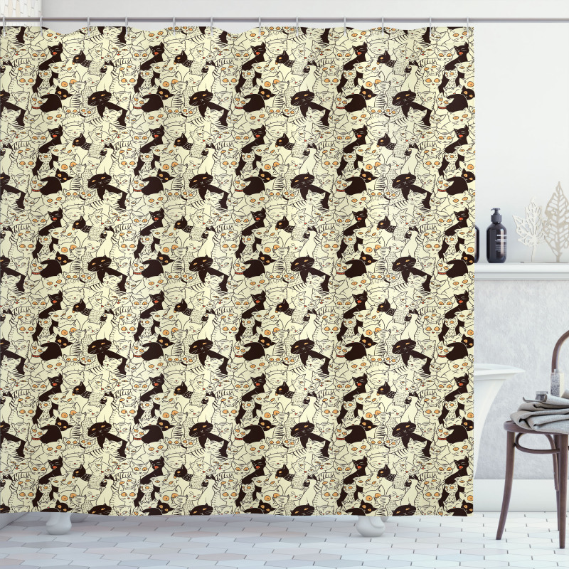 Sketch Style Kitten Design Shower Curtain