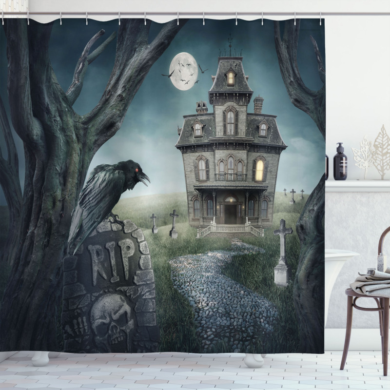 Haunted House Crow Tomb Shower Curtain