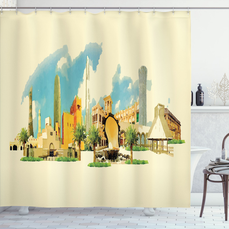 Doha Watercolor Panorama Shower Curtain