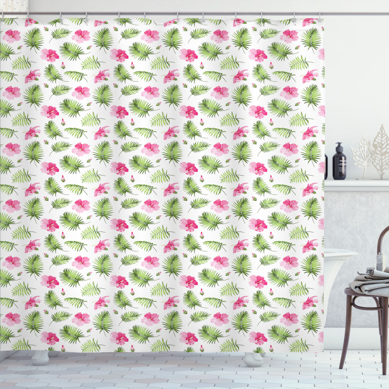 Pink Hibiscus Palm Shower Curtain