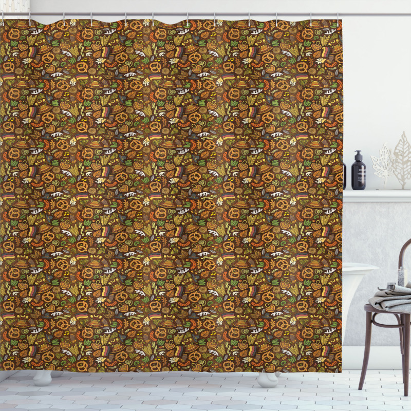 Hops and Pretzels Hand Drawn Shower Curtain