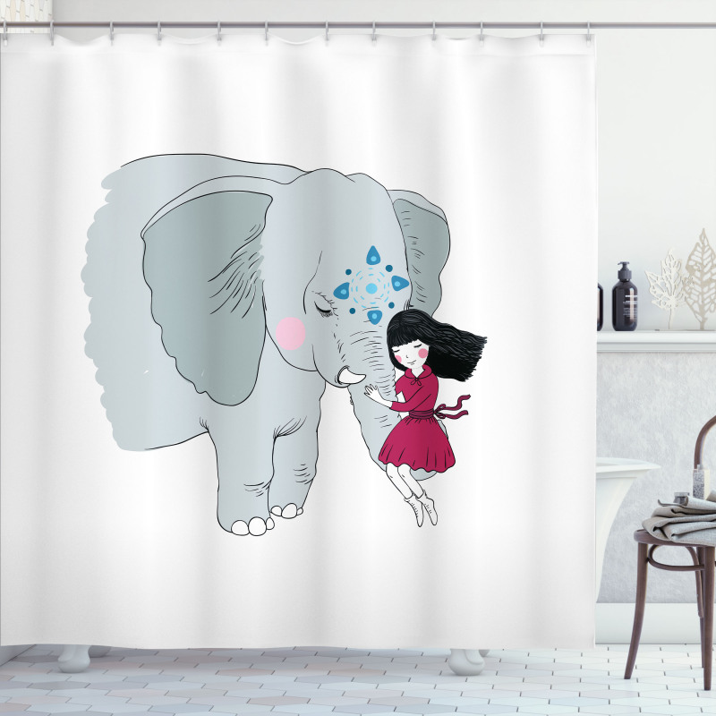 Girl on Trunk of Elephant Shower Curtain