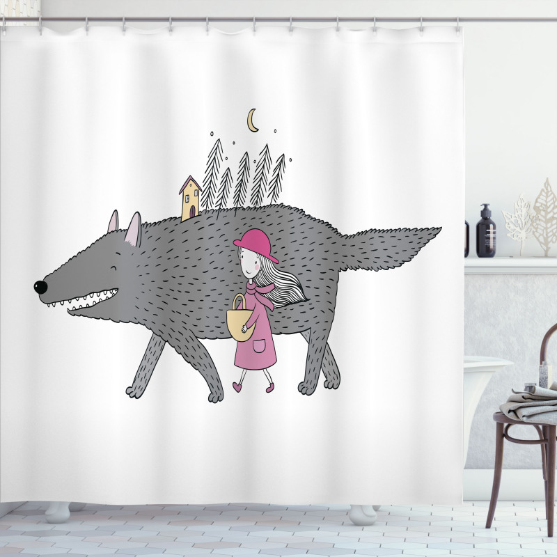 Girl with a Giant Wolf Shower Curtain