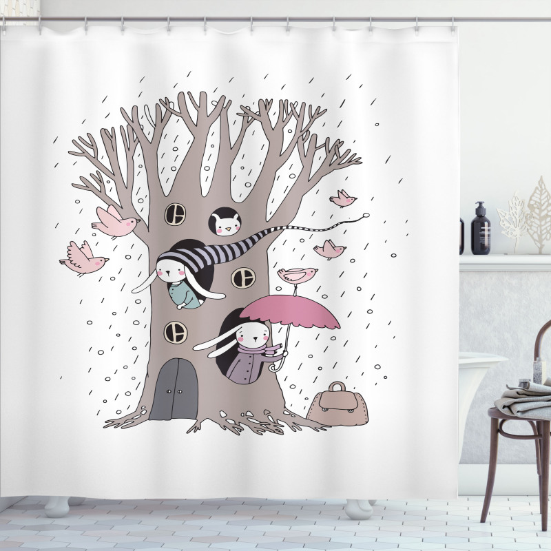 Bunny Family Rain Birds Shower Curtain