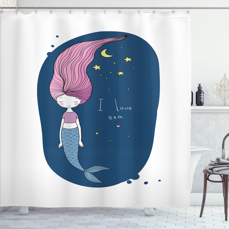 I Love Sea Cartoon Girl Shower Curtain