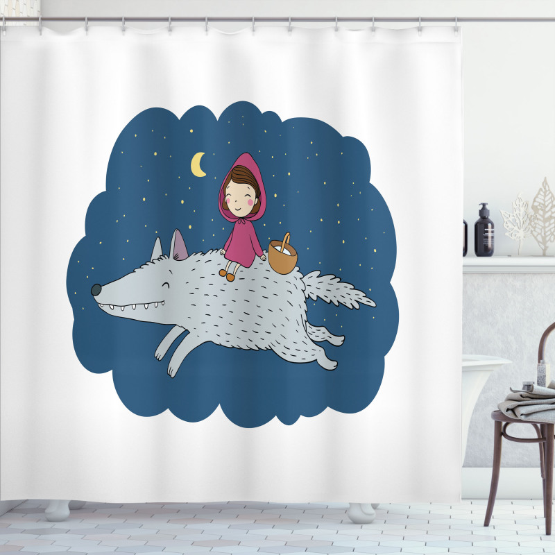 Cartoon Girl on Giant Wolf Shower Curtain