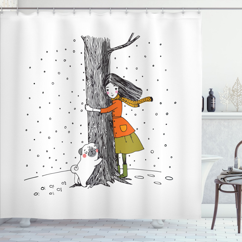 Girl Pug Hugging a Tree Shower Curtain