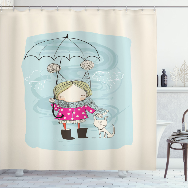 Little Girl Winter Dog Shower Curtain