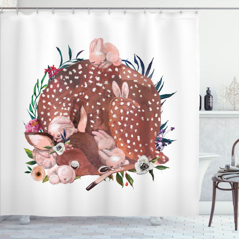 Deer with Hares in Forest Shower Curtain
