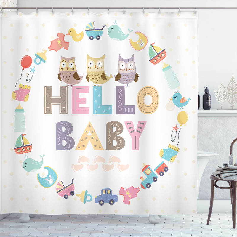 Hello Baby Owls Shower Curtain