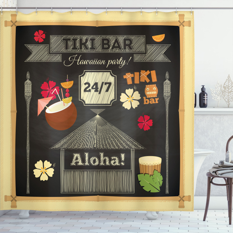 Hawaii Duş Perdesi Tatil Yerindeki Tiki Bar Alkollü Afiş Model