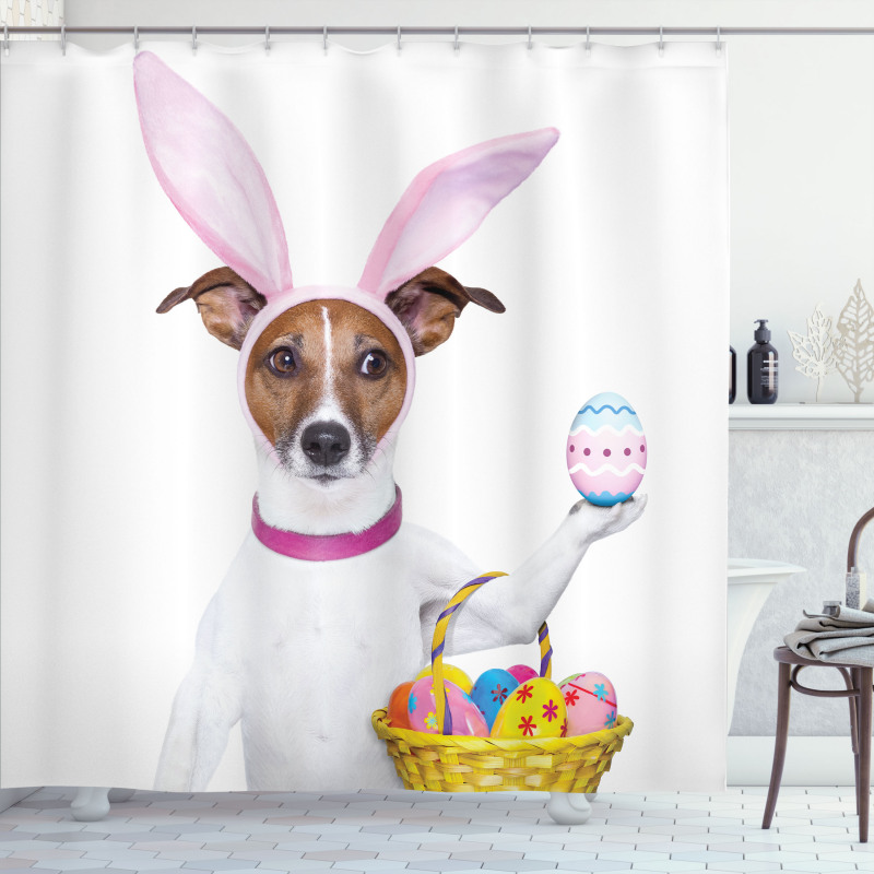 Dog as Easter Bunny Shower Curtain