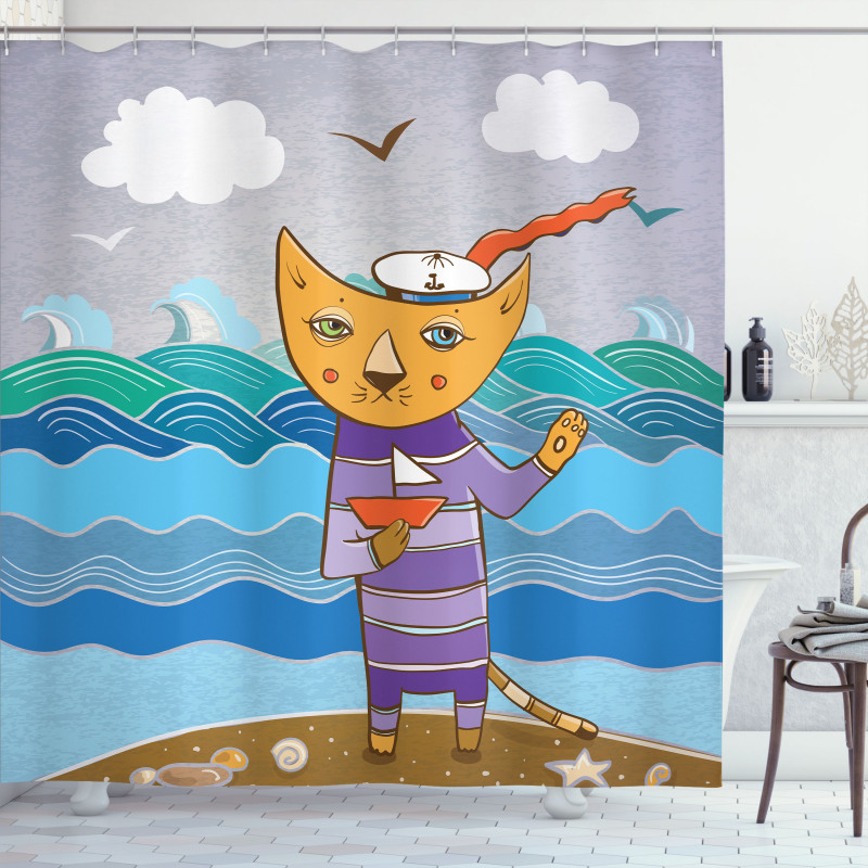 Sailor Feline on the Shore Shower Curtain