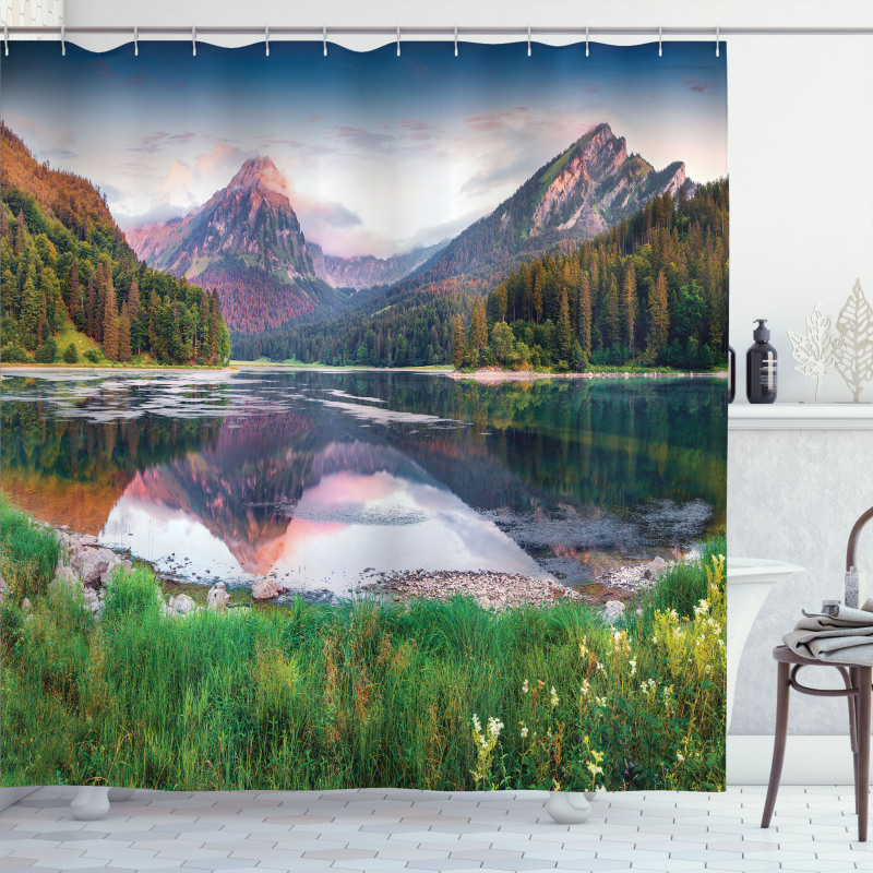 Swiss Lake Sunrise Shower Curtain