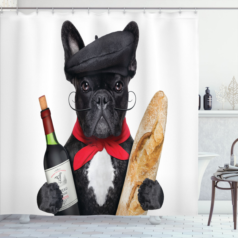 French Dog Red Wine Shower Curtain