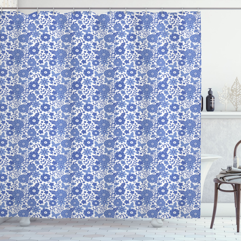 Delft Style Doodle Floral Shower Curtain