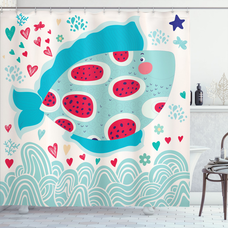 Hearts Flowers and Fish Shower Curtain